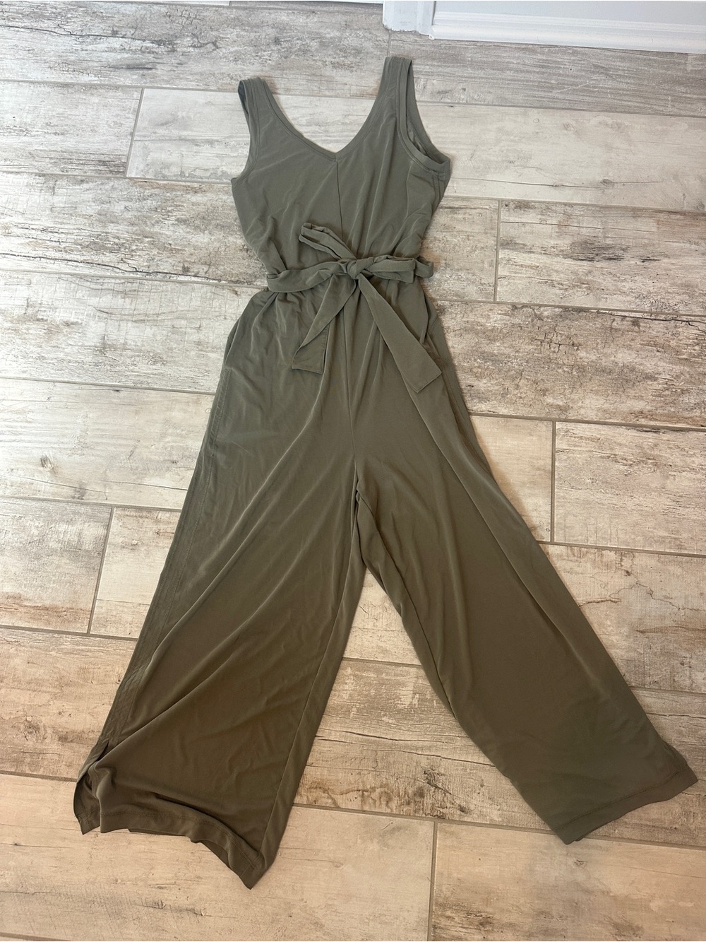 Zyia V-Neck Wide-Leg Jumpsuit with Tie Belt - Olive